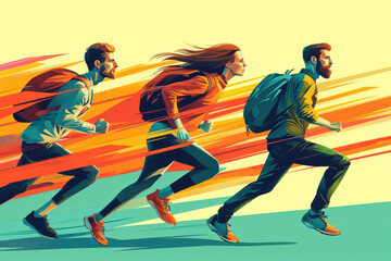 Ilustración estilo Flat Design de personas corriendo hacia una meta, representando la idea de logro y éxito - obrazy, fototapety, plakaty
