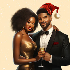 Festive dressed black couple celebrating new year christmas party elegant isolated background 