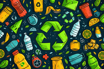 Ilustración con Iconos que representan la reutilización y reciclaje en una economí­a circular