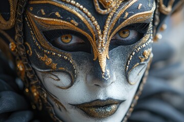 Colorful masks and costumes at traditional Carnival in Venice. Beautiful woman in mysterious mask. Venetian carnival. Mardi Gras, masquerade party or holiday event