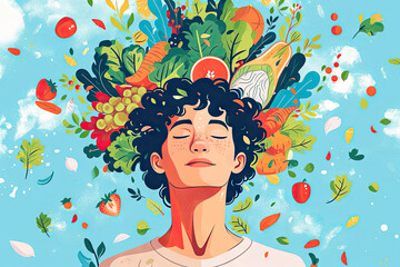 Ilustración que promueve una nutrición conscientey saludable, colorido, ecológico, vida sana, ilustración de mujer, Creado con IA