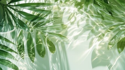 Water and green leaf background sunlight reflection, top view, beauty backdrop, mock up, spa and wellness, copy space. Abstract transparent water texture surface with tropical leaves.