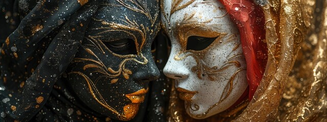 Colorful masks and costumes at traditional Carnival in Venice. Beautiful woman in mysterious mask. Venetian carnival. Mardi Gras, masquerade party or holiday event