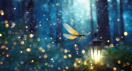 magical image of Firefly flying in the night forest. Fairy tale concept