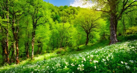 Obraz premium green trees and flowers in spring, green unspoiled nature concept