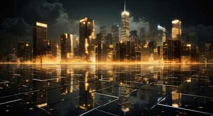 A wallpaper featuring digital skyscrapers in golden illumination, symbolizing economic growth and activity on the stock exchange, generative AI - obrazy, fototapety, plakaty