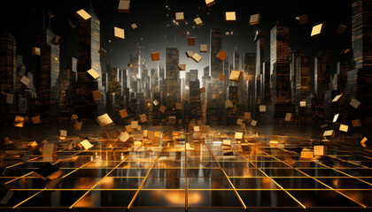 A wallpaper featuring digital skyscrapers in golden illumination, symbolizing economic growth and activity on the stock exchange, generative AI - obrazy, fototapety, plakaty