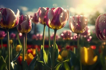  Glassmorphism tulips standing tall in a field, their translucent petals capturing and refracting sunlight © Doodle-Canvas