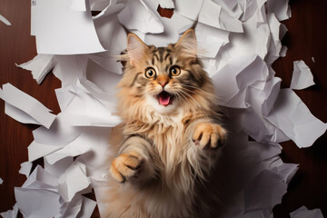 Funny naughty maine coon cat playing with the crumpled paper