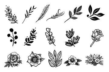Fotobehang Simple linear flowers and leaves isolated on white. Hand drawn vector botanical illustrations. Cute flowers and leaves cliparts. Vector set of black ink drawing wild plants and herbs © solargaria