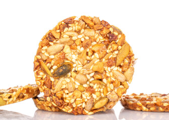 Several sweet Thaler cookies with nuts, macro, isolated on white background.