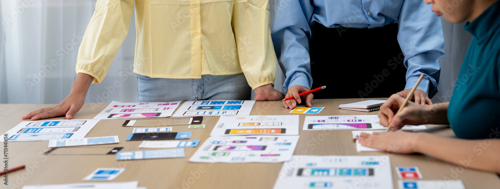Aufkleber panorama banner of startup company employee planning on user interface prototype for mobile applicat
