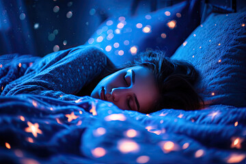 Familia durmiendo plácidamente durante la noche estrellado, imagen de ensueño

