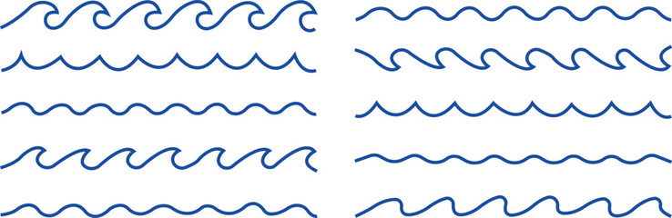 bundled wave icon logo vector minimal design element set, line art wave pack logo design, simple doodle wave. flat simple lines, Sea wave icon. Water logo, line ocean symbol in vector trendy style.