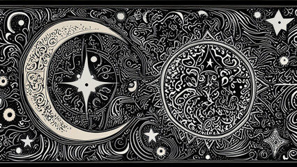Black and white wallpaper with antique Aztec pattern with stars, sun and moon 4K