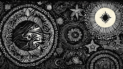 Black and white wallpaper with antique Aztec pattern with stars, sun and moon 4K