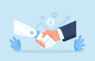 Handshake human and android. Contract with ai robot, technology professional partnership. Businessman and artificial intelligence shaking hands. Future cooperation, technology Advance, innovation