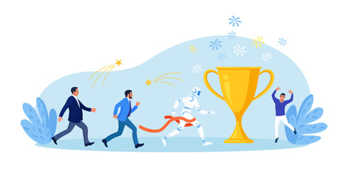 Artificial intelligence vs human. Business competition. Business people and robot running race together. Future automation. Robotic machine and employees