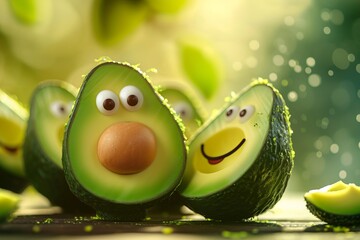 Close up funny cartoon avocado on pastel green background with empty space for text, banner. Concept of healthy food, diet
