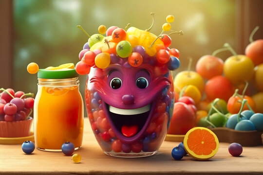 glass of multifruit juice character smiling