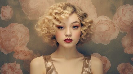Photorealistic Adult Chinese Woman with Blond Curly Hair retro Illustration. Portrait of a person in vintage 1920s aesthetics. Historic movie style Ai Generated Horizontal Illustration.