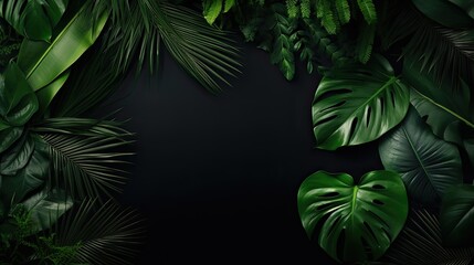 Fototapeta na wymiar Tropical leaves on Dark background with copy space