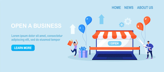 Business owner and entrepreneur start small business or retail shop. New online store, website. Businessman holding scissors in his hand cuts red ribbon Opening internet store