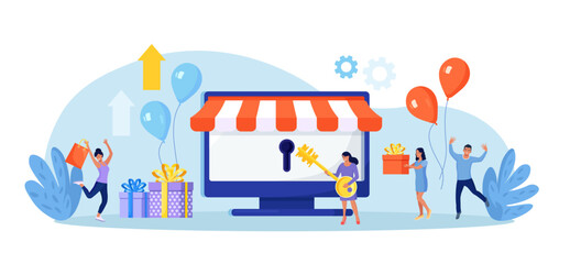 Business owner and entrepreneur start small business or retail shop. New online store, website, account. Woman opens the lock with a key. Grand opening