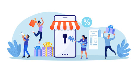 Business owner and entrepreneur start small business or retail shop. New online store, website. Woman opens the lock with a key. Opening internet store