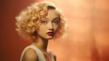 Fototapeta premium Photorealistic Adult Chinese Woman with Blond Curly Hair retro Illustration. Portrait of a person in vintage 1920s aesthetics. Historic movie style Ai Generated Horizontal Illustration.
