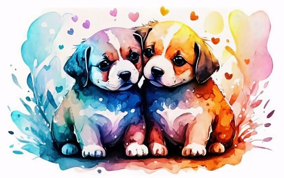 Cute simple watercolor illustration of little puppies in love with hearts shapes around.