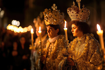Semana Santa en España: Imágenes de cristos y Vírgenes, Procesiones religiosas con figuras tradicionales y vestimenta tradicional, semana santa de sevilla, Generado con IA
