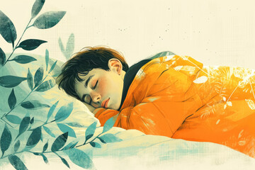 Ilustración de una persona durmiendo profundamente en una cama cómoda y acogedora, generado con IA generativa


