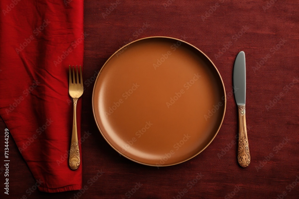 Poster a plate with a knife and fork next to a plate with a spoon and a spoon rest on a red cloth.
