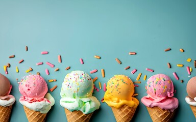 Ice cream cone chocolate and vanilla flavor gelato sweet dessert. Delicious strawberry and blueberry ice cream at the party.