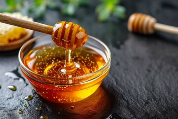 jar of honey with wooden dipper - obrazy, fototapety, plakaty