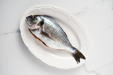 Raw and fresh dorado fish on white plate on white marble background. Minimalistic food photo. Mediterranean diet. Top view copyspace