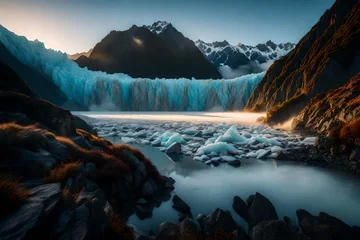 Foto auf Acrylglas An HD image of Fox Glacier at sunrise, with the glacier bathed in warm tones and surrounded by the mystical embrace of fog-laden mountains. © Waqas