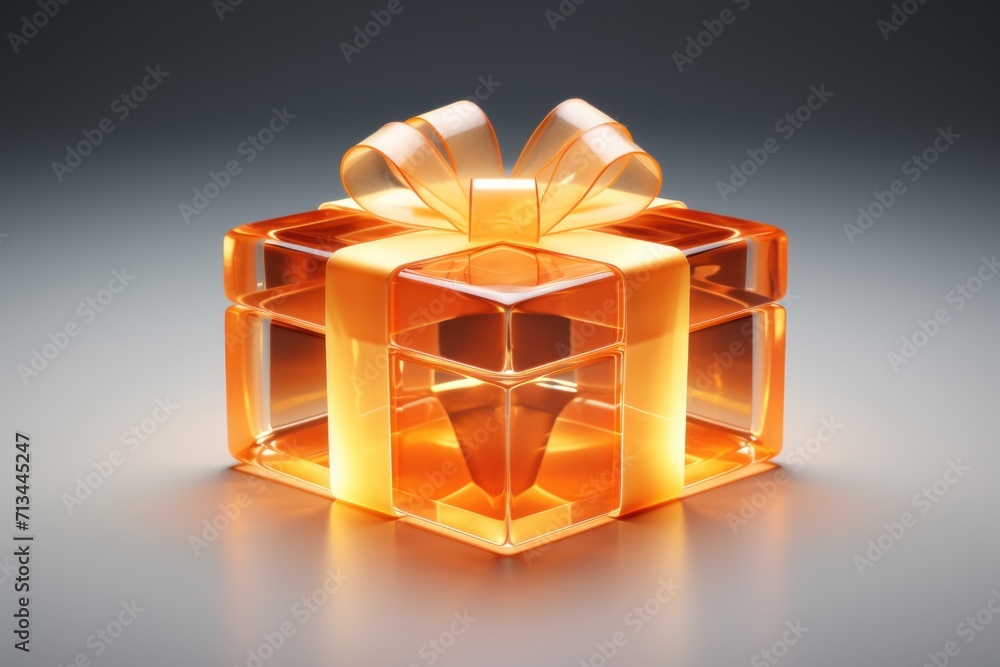 Poster an orange box with a bow on top of it on a gray surface with a reflection of light on the side of th