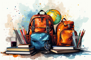 Watercolor school bag and books illustration Yellow backpack with school supplies next to the globe, red apple and glasses on the black school board background - obrazy, fototapety, plakaty