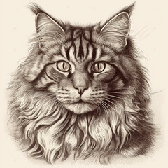 Naklejka na ściany i meble Maine Coon cat, engraving style, close-up portrait, black and white drawing, cute fluffy kitten, favorite pet 