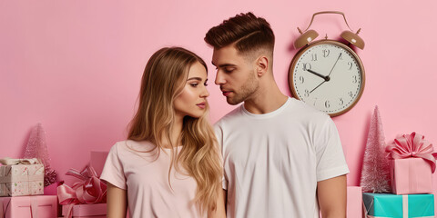 Young man and woman in love looking at each other isolated on a flat pink background. Behind are many presents and a wall clock, a symbol of time. Creative concept of five different love languages.