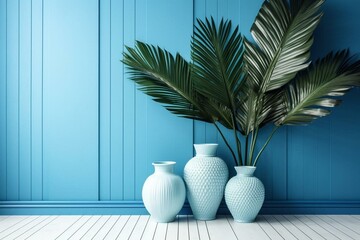 Empty room with blue wooden paneling wall, vases, and palm leaf. Generative AI - obrazy, fototapety, plakaty