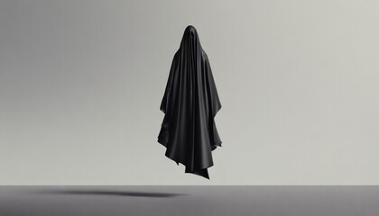 Surreal 3D rendering of a black cloaked figure floating with no visible face, evoking a ghostly or sinister presence. - obrazy, fototapety, plakaty
