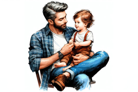 painted color ink illustration Father and child isolated on solid a white background. ai generative