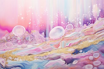  a painting of water and bubbles in pink, blue, yellow, and white colors on a pink, blue, purple, and yellow background.