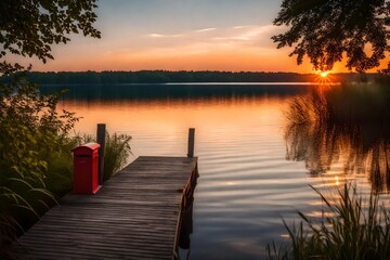 Picture a realistic scene of a summer sunset by the lake, with an empty pier leading to a noticeable red mailbox. Trees around the water contribute to the overall charm of the setting.