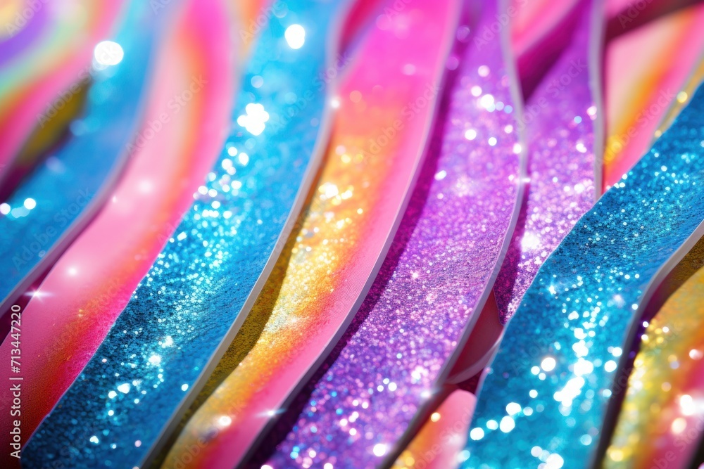 Poster a close up of a bunch of different colored toothbrushes with glitter on the top of each of them.