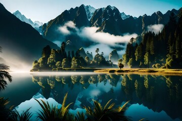A cinematic capture of Westland District, featuring a serene Lake Matheson with mountains emerging from the morning mist, creating a captivating and tranquil scene.