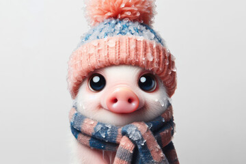 portrait of a frozen cute pig with bulging big eyes isolated on a solid white background. ai generative